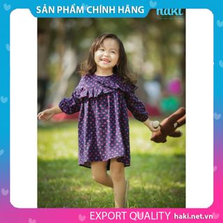 Váy bé gái dài tay Haki thô cào bông bèo lệch hai tầng HK495 (Xanh navy trái tim)