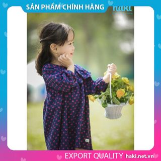 Váy bé gái dài tay Haki thô cào bông bèo lệch hai tầng HK495 (Xanh navy trái tim)