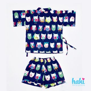 Bộ Yukata vải thô cao cấp HAKI - xanh(cú mèo) giá sỉ
