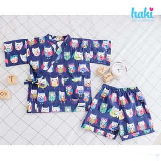 Bộ Yukata vải thô cao cấp HAKI - xanh(cú mèo)