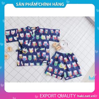 Bộ Yukata vải thô cao cấp HAKI - xanh(cú mèo)