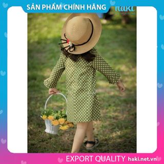 Váy bé gái thô nhún sườn hai tầng-HK494 Haki (Xanh hoa nhụy đỏ)