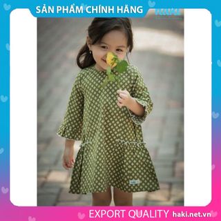 Váy bé gái thô nhún sườn hai tầng-HK494 Haki (Xanh hoa nhụy đỏ)