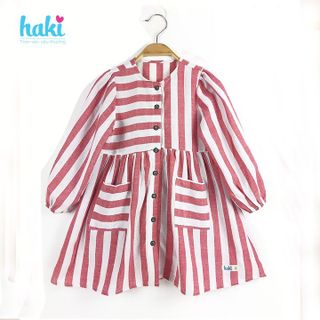 Váy bé gái kẻ dài tay hai túi ốp - HK492 Haki (KẺ đỏ)