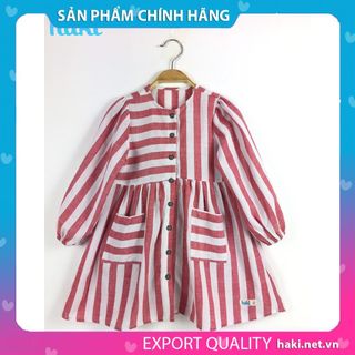 Váy bé gái kẻ dài tay hai túi ốp - HK492 Haki (KẺ đỏ)
