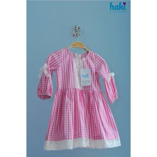 Váy bé gái - thô kẻ phối ren tay phồng - hồng -Haki