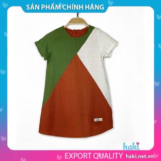 Váy bé gái linen cộc tay phối tam giác -HK509, đầm hè thiết kế cho bé 10-27kg HAKI
