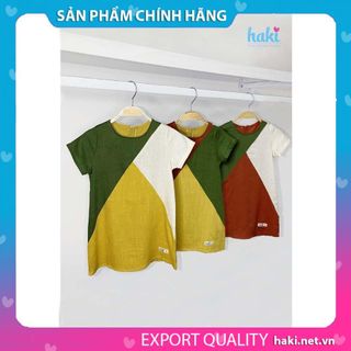 Váy bé gái linen cộc tay phối tam giác -HK509, đầm hè thiết kế cho bé 10-27kg HAKI