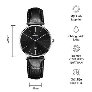 Đồng Hồ Nữ - Thương Hiệu DRACO D22-STN02 "Classic Girl" đen dây da bò đen