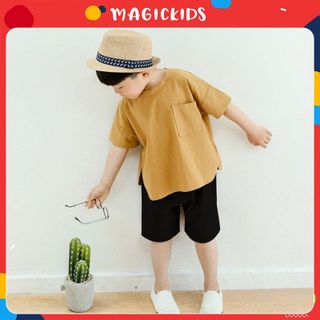 Bộ đồ bé trai cộc tay vải đũi có túi ngực quần đùi cho trẻ mặc đi chơi MAGICKIDS Quần áo trẻ em BR21003 giá sỉ