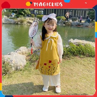 Áo dài bé gái dáng cách tân chất nhung thêu hoa kèm quần có size lớn 9-27kg Magickids Váy bé gái mặc Tết, sự kiện giá sỉ