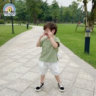 Bộ quần áo trẻ em cộc tay chất đũi cổ tàu 2 khuy cho bé trai từ 9-30kg