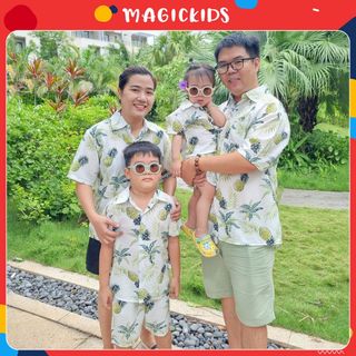 Áo sơ mi đi biển cho nam nữ MAGICKIDS đồng phục đi biển gia đình chất tơ đũi thoáng mát họa tiết hoa lá AO22034 giá sỉ