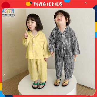 Đồ bộ dài tay pijama bé trai, bé gái Magickids kẻ caro dễ thương chất kẻ xốp Hàn Quốc Đồ ngủ mẫu mới 2022 BR22028 giá sỉ