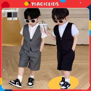 Set bộ gile bé trai Magickids có 3 chi tiết, áo sơ mi, áo vest, quần short phong cách Hàn Quốc đi chơi, sự kiện BR22029 giá sỉ