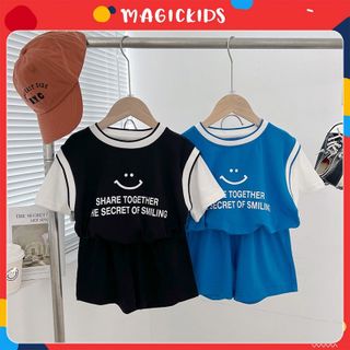 Đồ bộ bé trai Hàn Quốc cộc tay Magickids áo thun phối tay, quần đùi chất cotton thấm hút mồi hôi Quần áo trẻ em BR22026 giá sỉ