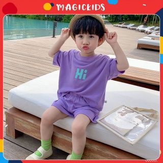 Bộ quần áo bé trai bé gái 2 3 4 5 6 7 8 tuổi Magickids áo thun cộc tay quần đùi chất cotton in chữ Hi BR22025 giá sỉ