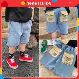 Quần short jean ngắn Magickids cho bé trai 2 3 4 5 6 7 8 tuổi form rộng Hàn Quốc phối túi in chữ Quần bò trẻ em QĐ22015 giá sỉ