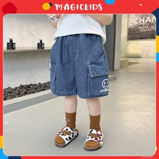 Quần short đùi jeans form rộng Magickids cho bé trai size đại 34kg túi in mặt cười Quần áo trẻ em đi học đi chơi QĐ22014 giá sỉ