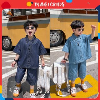 Bộ đồ size đại cho bé trai từ 20-48kg áo sơ mi quần đùi chất jeans giấy form rộng Magickids Quần áo trẻ em BR22014 giá sỉ