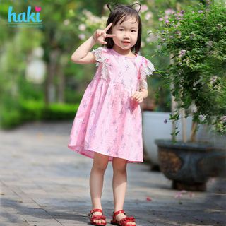 Váy bé gái sát nách phối ren tay HK513, đầm hè thiết kế cho bé, đủ size từ 1-8y Haki