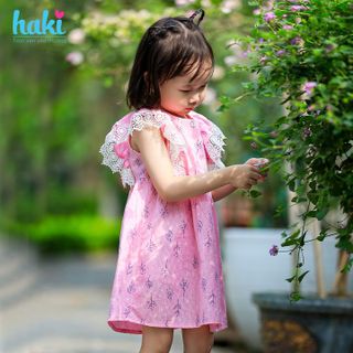 Váy bé gái sát nách phối ren tay HK513, đầm hè thiết kế cho bé, đủ size từ 1-8y Haki