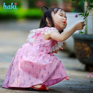 Váy bé gái sát nách phối ren tay HK513, đầm hè thiết kế cho bé, đủ size từ 1-8y Haki