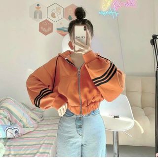 Áo khoác lửng day kéo sắt tay chạy 3 sọc tay phồng