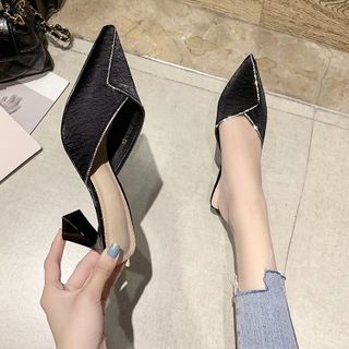Giày cao gót nữ 5 cm mũi nhọn gót nhọn hở bề mặt óng sáng đế chống trơn trượt &410Z