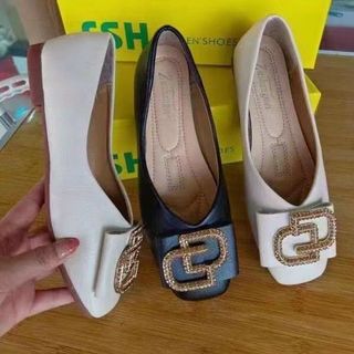 Giày búp bê nữ chất da mềm đính bản kim loại