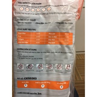 Ổ cắm nối dài Comet CES5303 2500W dây dài 3m, 3 ổ cắm 3 chấu, 2 cổng sạc USB