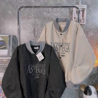 Áo khoác nhung cổ bẻ kiểu bomber logo thêu Lasvegass