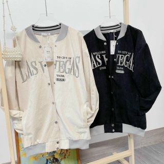 Áo khoác nhung cổ bẻ kiểu bomber logo thêu Lasvegass