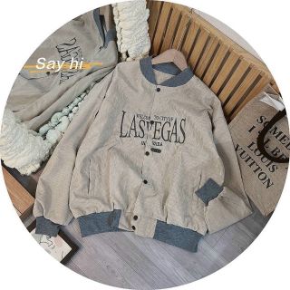 Áo khoác nhung cổ bẻ kiểu bomber logo thêu Lasvegass