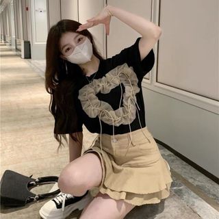 Chân váy xoà denim xếp tầng