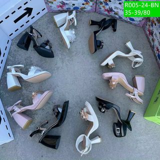 Giày sandal nữ gót vuông quai ngang đính hoa đá