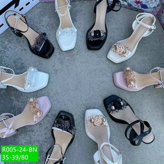 Giày sandal nữ gót vuông quai ngang đính hoa đá giá sỉ