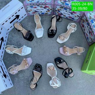 Giày sandal nữ gót vuông quai ngang đính hoa đá