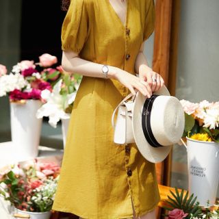 ĐẦM XÒE VÀNG XẾP LI TAY PHỒNG- DT1649