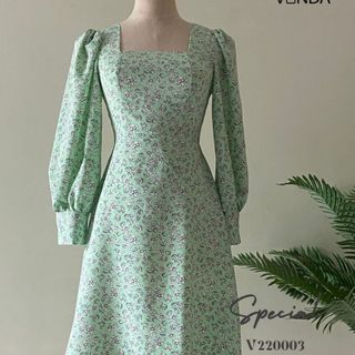 ĐẦM HOA NHÍ CỔ VUÔNG, MÀU XANH