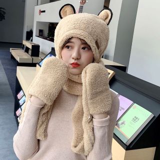 Mũ lông cừu 3in1 tai gấu kèm khăn quàng cổ và bao tay kiểu dáng hàng quốc, mũ len tai gấu cho bạn gái T2