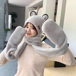 Mũ lông cừu 3in1 tai gấu kèm khăn quàng cổ và bao tay kiểu dáng hàng quốc, mũ len tai gấu cho bạn gái T2