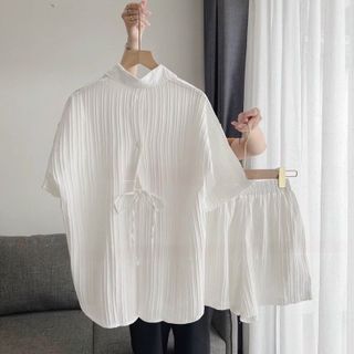 Set đũi sóng nhăn áo sơ mi xẻ buộc nơ sau hot hit