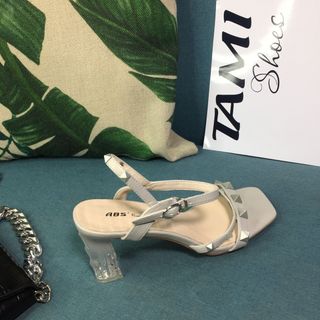 Sandal nữ gót trong cao7p quai ngang đính đá màu xám CG0019