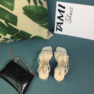 Sandal nữ gót trong cao7p quai ngang đính đá màu xám CG0019