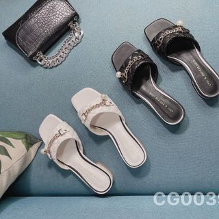 Dép gót 3cm quai da đính ngọc trai Màu trắng CG0039