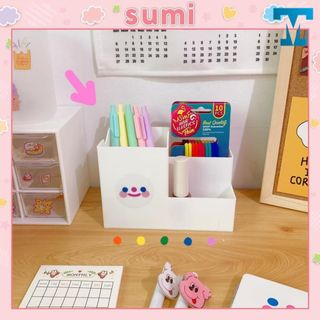 Ống đựng bút để bàn Sumi B1 3 ngăn màu trắng, lọ cắm bút cute nhựa chắc chắn