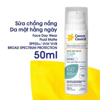 Sữa Chống Nắng Cancer Council Face Day Wear Fluid Matte Sunscreen siêu mỏng nhẹ 50ml