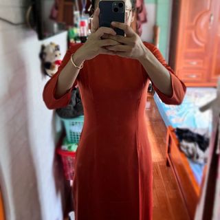 Bộ Áo dài lụa tây thi màu cam đất