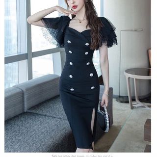ĐẦM ÔM ĐÍNH NÚT TAY LƯỚI BI - DT1659